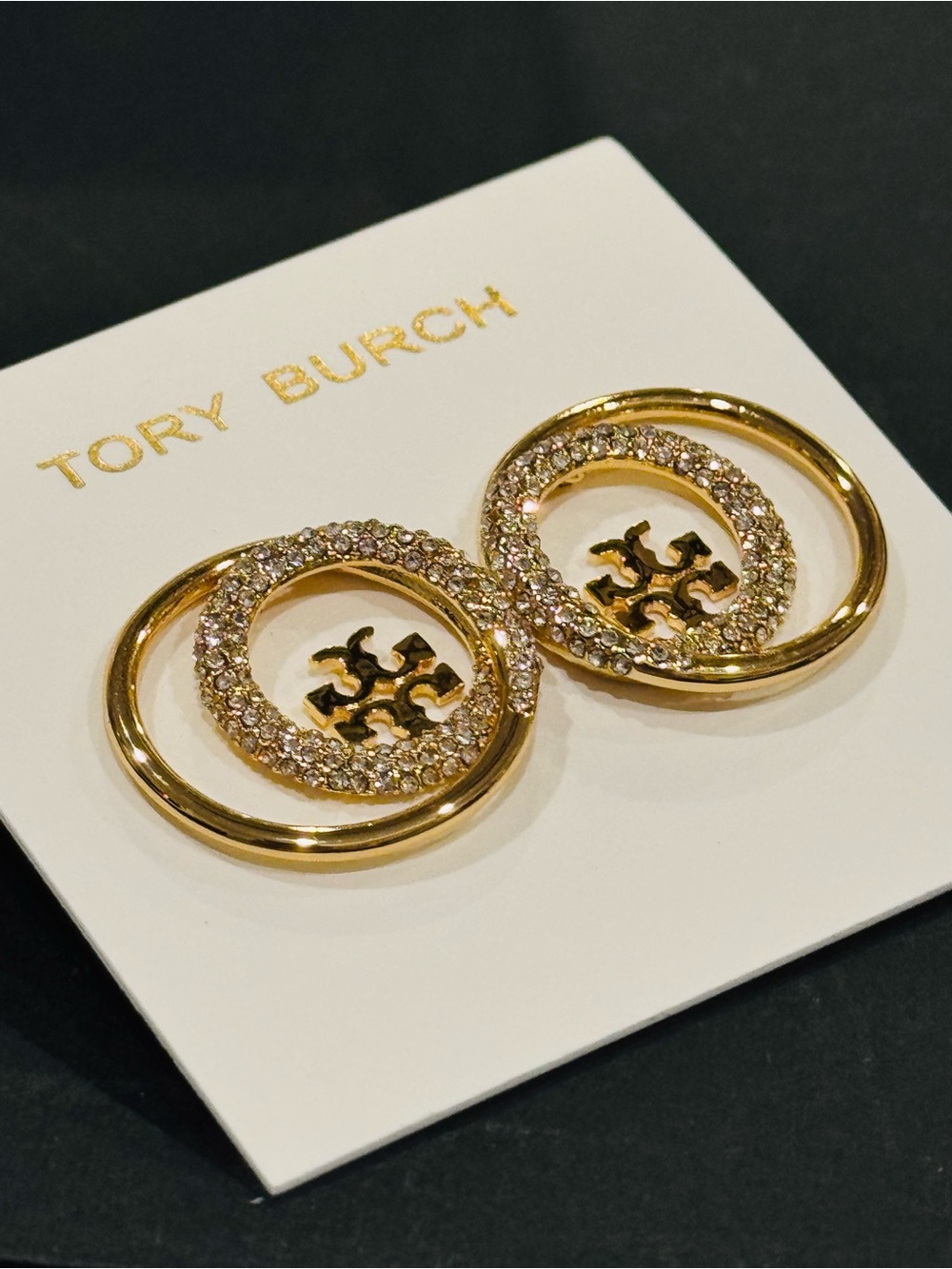 Tory Burch Gold Crystal Double Circle Logo Drop Earrings